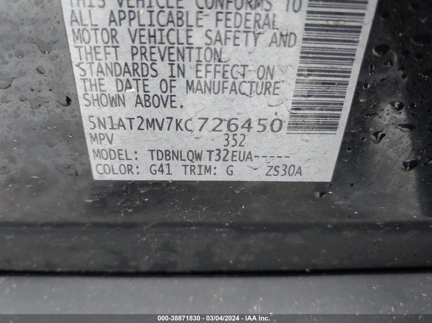 VIN 5N1AT2MV7KC726450 2019 NISSAN ROGUE SV