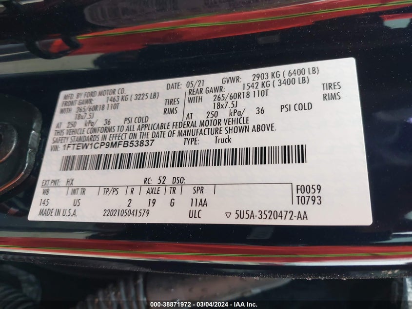 VIN 1FTEW1CP9MFB53837 2021 FORD F-150 XLT