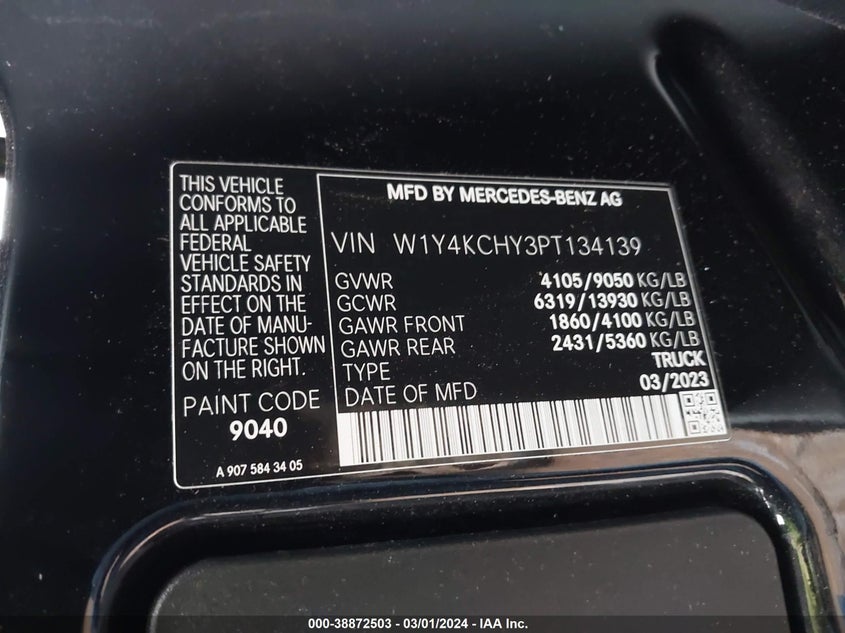 2023 MERCEDES-BENZ SPRINTER 2500 VIN: W1Y4KCHY3PT134139