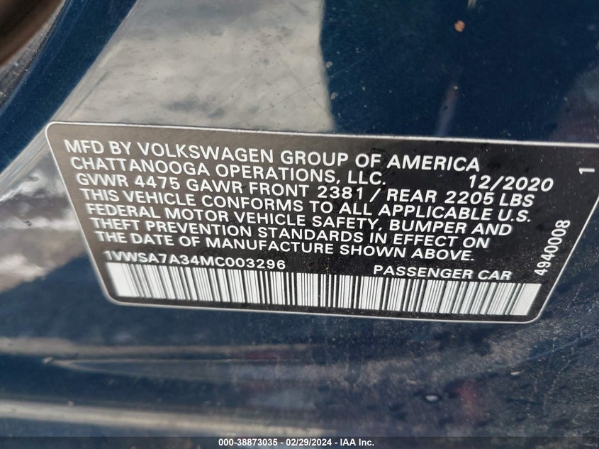VIN 1VWSA7A34MC003296 2021 VOLKSWAGEN PASSAT 2.0T SE