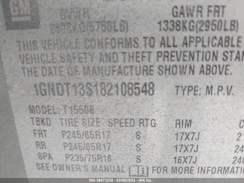 2008 Chevrolet Trailblazer Fleet VIN: 1GNBT13S182108548 Lot: 38873230