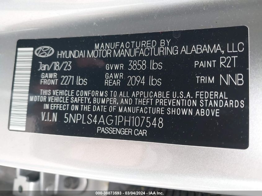 2023 Hyundai Elantra Sel VIN: 5NPLS4AG1PH107548 Lot: 38873593