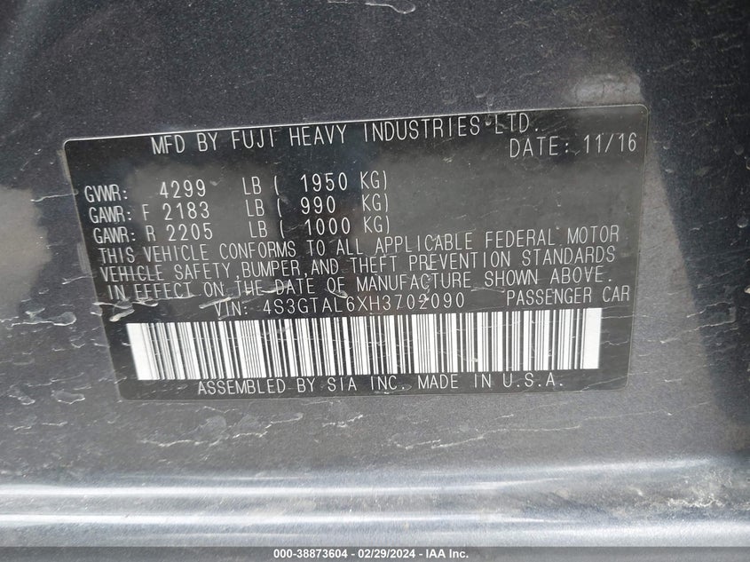 2017 SUBARU IMPREZA 2.0I SPORT - 4S3GTAL6XH3702090