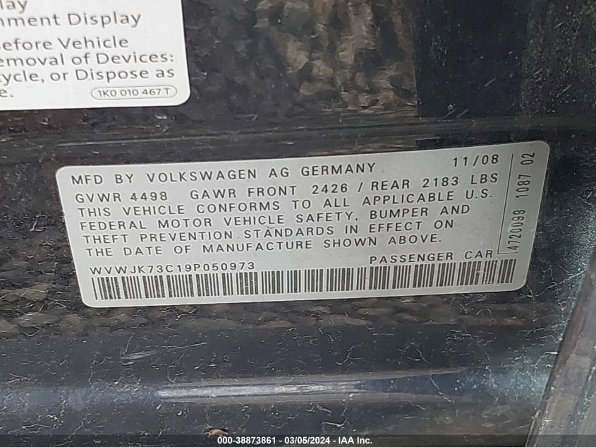 2009 Volkswagen Passat Komfort VIN: WVWJK73C19P050973 Lot: 38873861