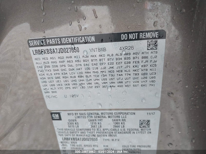 VIN LRBFXBSA7JD027650 2018 BUICK ENVISION PREFERRED