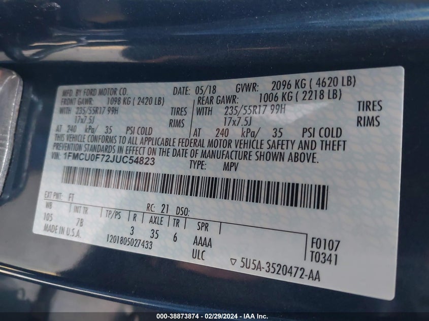 VIN 1FMCU0F72JUC54823 2018 FORD ESCAPE S