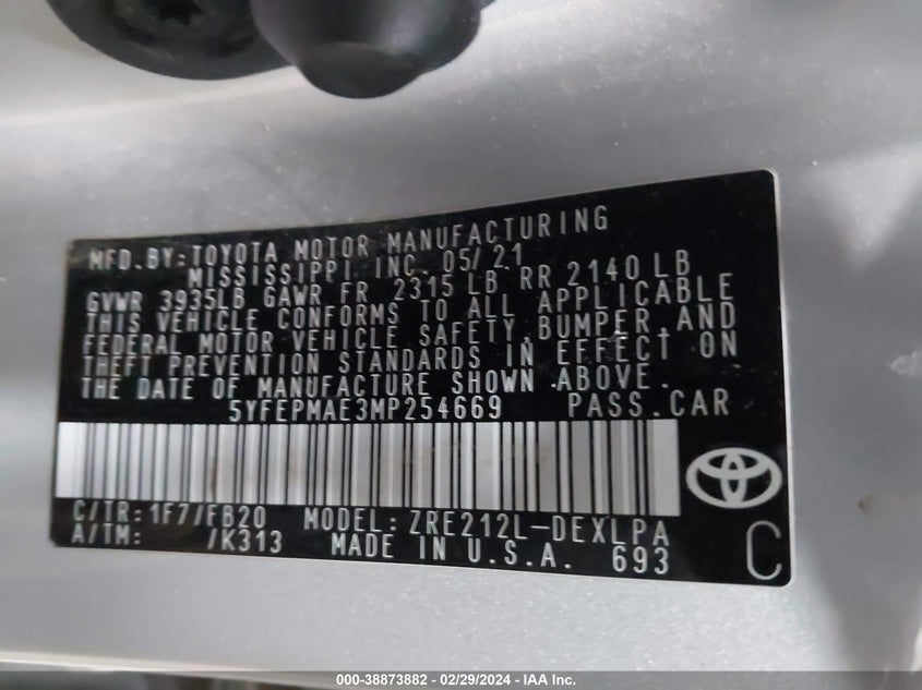 2021 TOYOTA COROLLA LE - 5YFEPMAE3MP254669