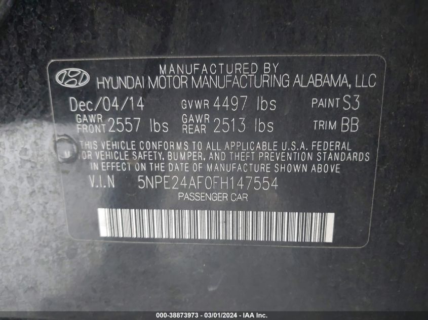 2015 Hyundai Sonata Se VIN: 5NPE24AF0FH147554 Lot: 38873973