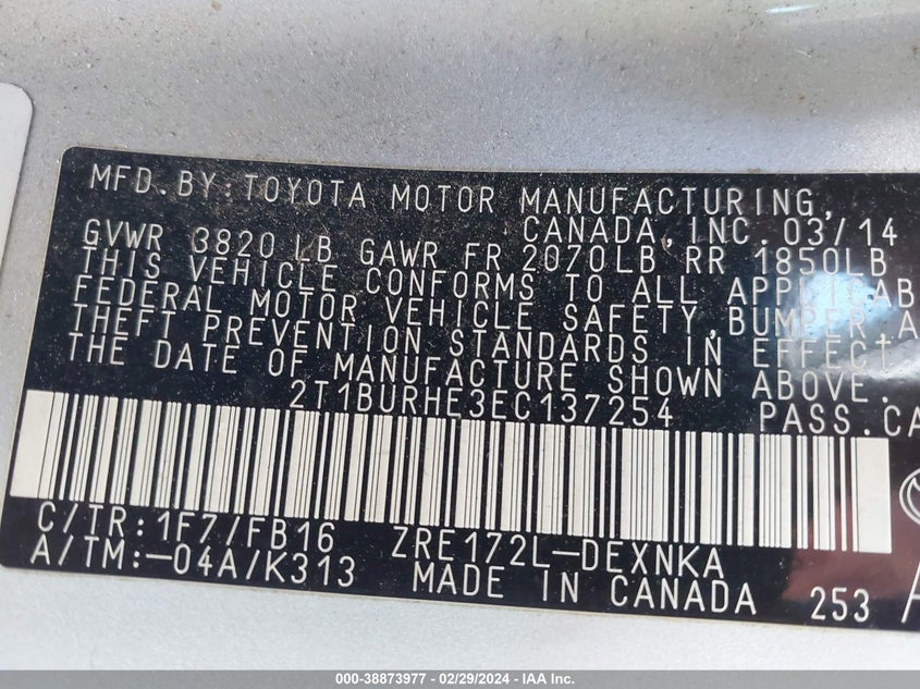 2014 TOYOTA COROLLA L/LE/LE PLS/PRM/S/S PLS - 2T1BURHE3EC137254