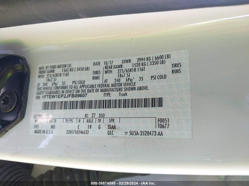 VIN 1FTEW1EP2JFB09607 2018 FORD F-150 XLT