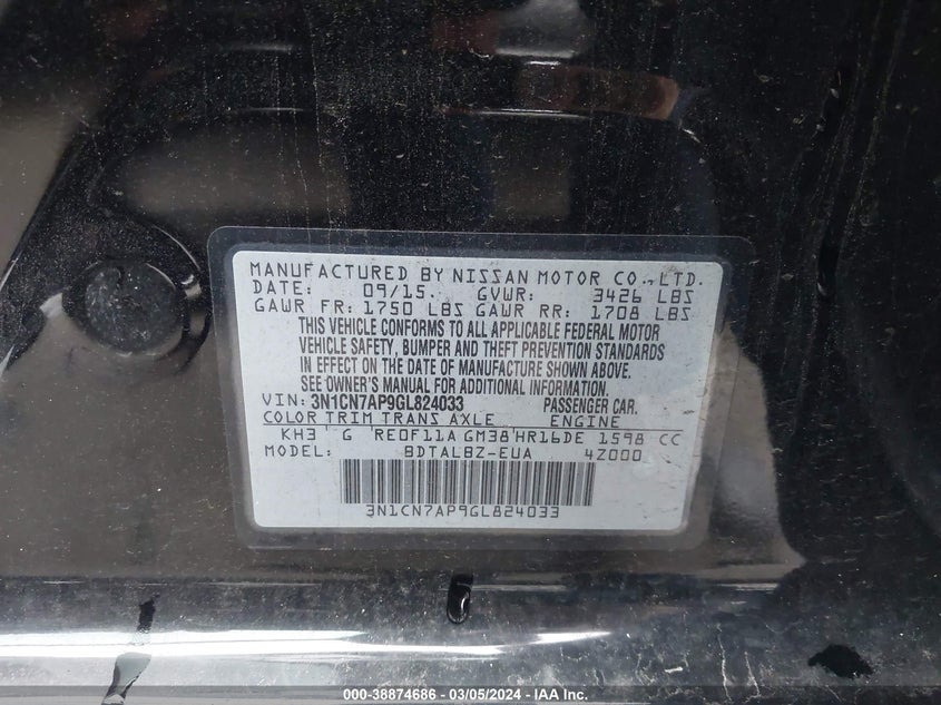 2016 NISSAN VERSA S/S PLUS/SV/SL - 3N1CN7AP9GL824033