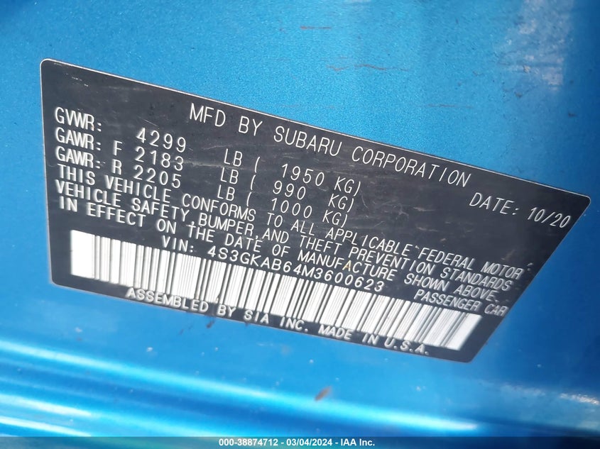 VIN 4S3GKAB64M3600623 2021 SUBARU IMPREZA SEDAN