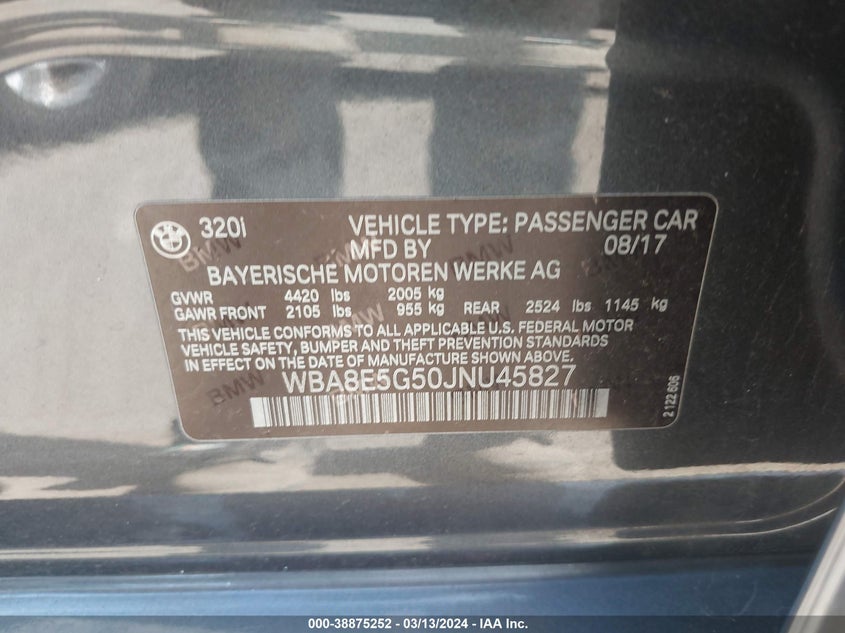2018 BMW 320I VIN: WBA8E5G50JNU45827