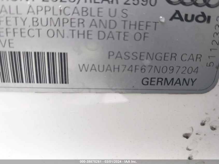 2007 Audi A6 3.2 VIN: WAUAH74F67N097204 Lot: 38875261