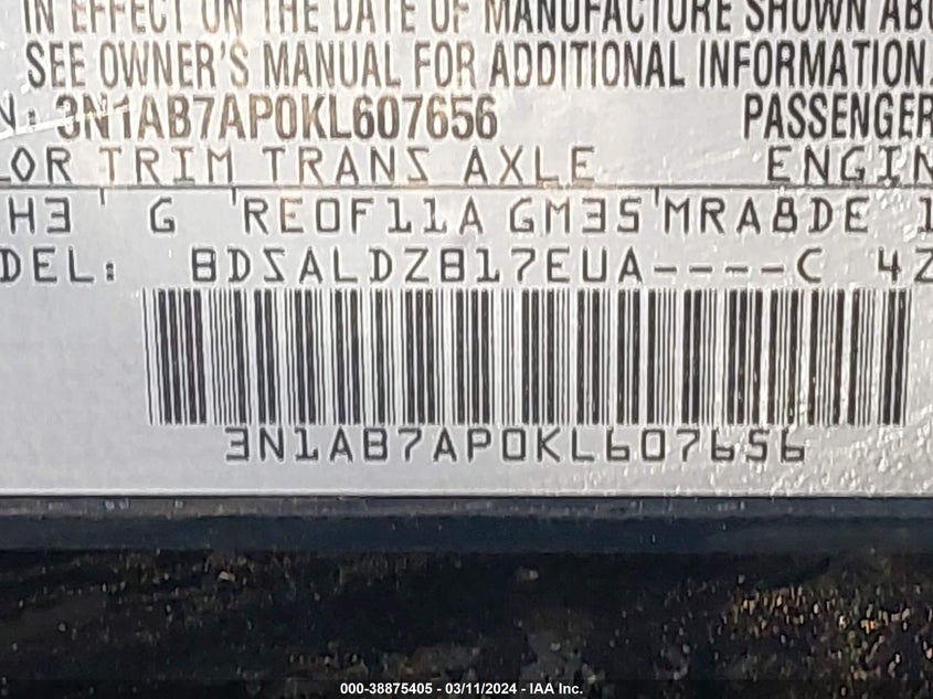 VIN 3N1AB7AP0KL607656 2019 NISSAN SENTRA SV