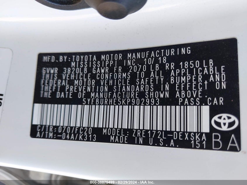 2019 TOYOTA COROLLA VIN: 5YFBURHE5KP902993