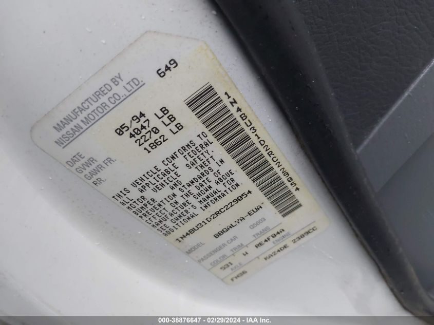 1N4BU31D2RC229054 1994 Nissan Altima Xe/Gxe/Se/Gle