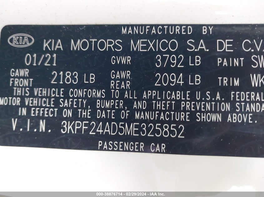 VIN 3KPF24AD5ME325852 2021 KIA FORTE LXS