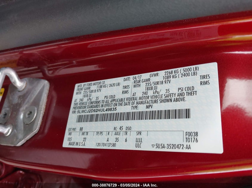 2017 LINCOLN MKC SELECT - 5LMCJ2D92HUL49835