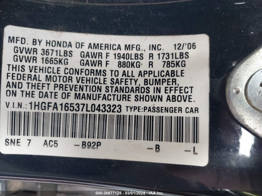 2007 HONDA CIVIC VIN: 1HGFA16537L043323