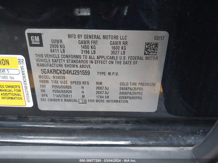 VIN 5GAKRCKD4HJ291559 2017 BUICK ENCLAVE