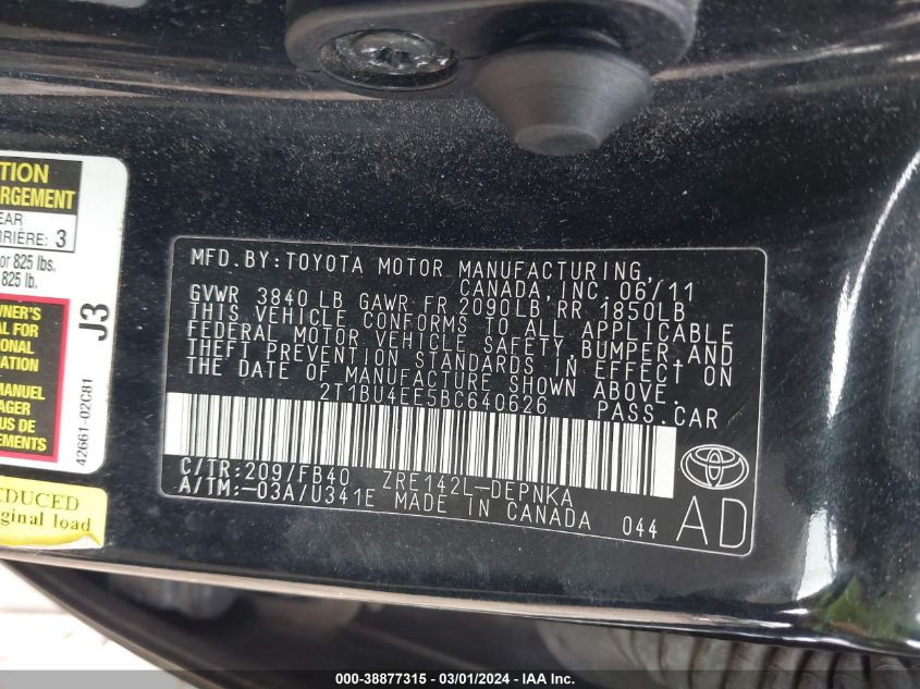 2T1BU4EE5BC640626 2011 Toyota Corolla Le