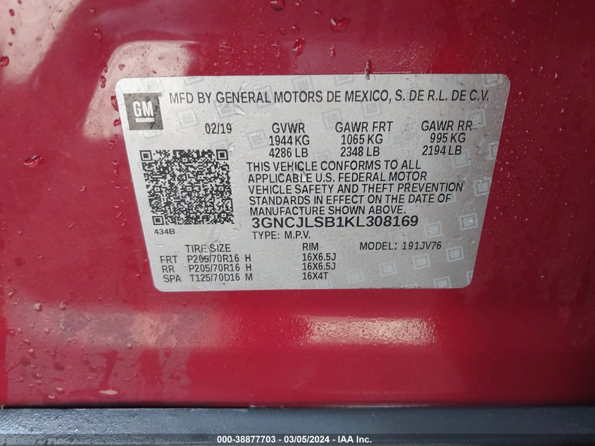 VIN 3GNCJLSB1KL308169 2019 CHEVROLET TRAX LT