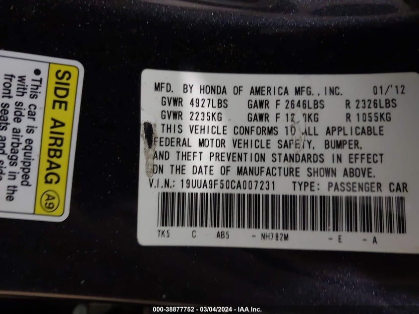 2012 ACURA TL VIN: 19UUA9F50CA007231