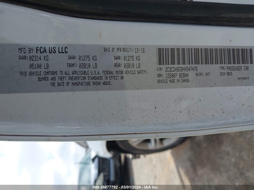 VIN 2C3CDXBG9HH547476 2017 DODGE CHARGER SE