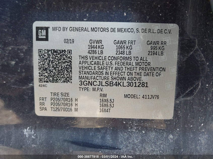 VIN 3GNCJLSB4KL301281 2019 CHEVROLET TRAX 1LT