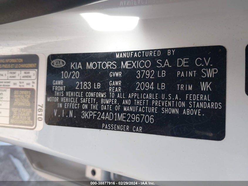 VIN 3KPF24AD1ME296706 2021 KIA FORTE LXS