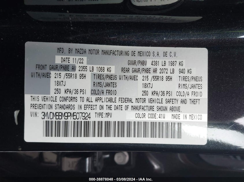 2023 MAZDA CX-30 2.5L I-4 DI, DOHC, V(VIN: 3MVDMBBM9PM507924