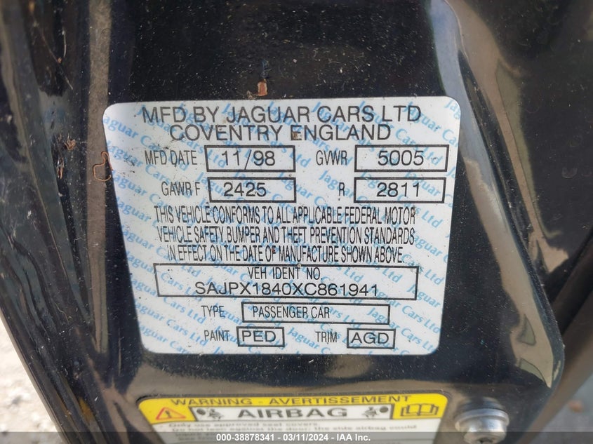 1999 Jaguar Xjr VIN: SAJPX1840XC861941 Lot: 38878341