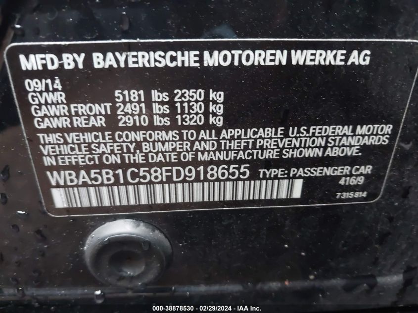 2015 BMW 535I VIN: WBA5B1C58FD918655 Lot: 38878530