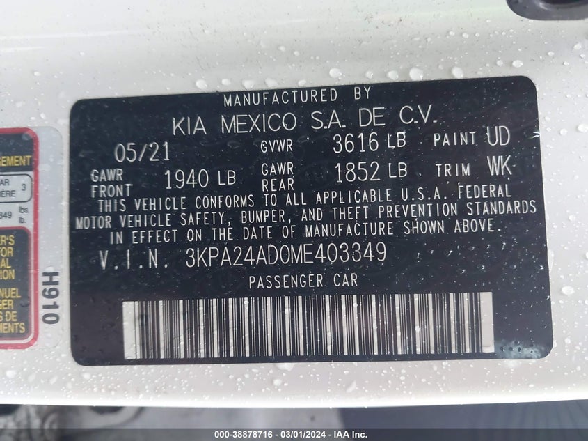 2021 KIA RIO 1.6L I-4 DOHC, VVT, (VIN: 3KPA24AD0ME403349