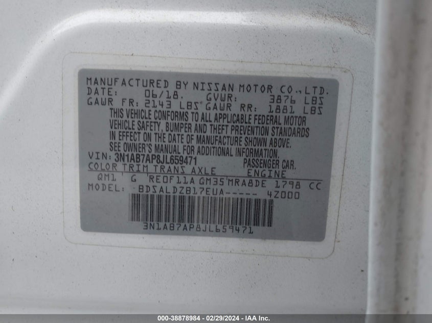 VIN 3N1AB7AP8JL659471 2018 NISSAN SENTRA SV