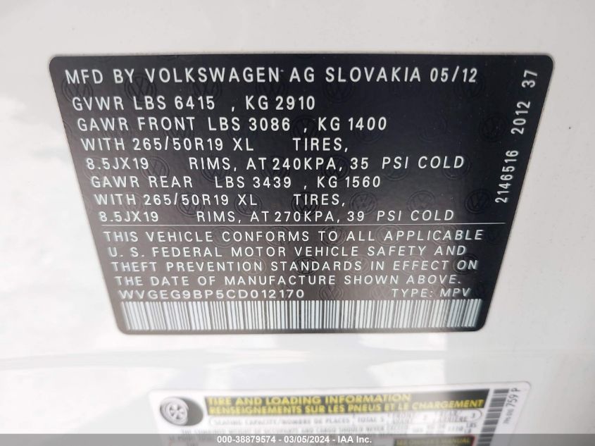 2012 Volkswagen Touareg Hybrid VIN: WVGEG9BP5CD012170 Lot: 38879574