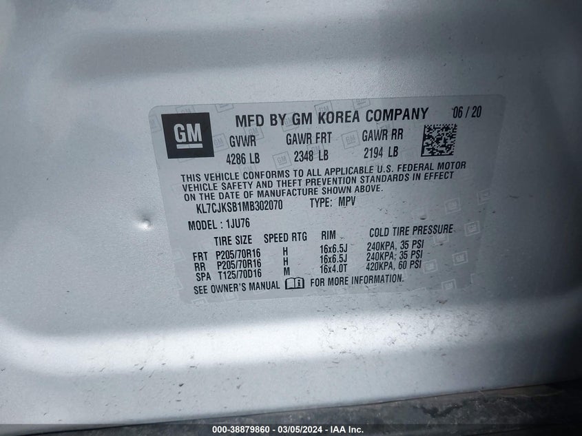 VIN KL7CJKSB1MB302070 2021 CHEVROLET TRAX FWD LS