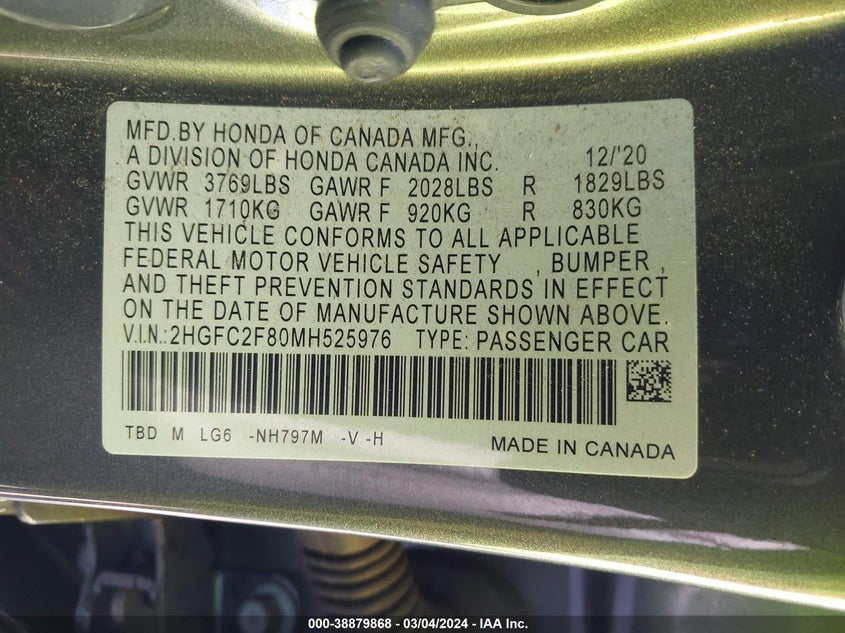 2021 HONDA CIVIC SPORT - 2HGFC2F80MH525976