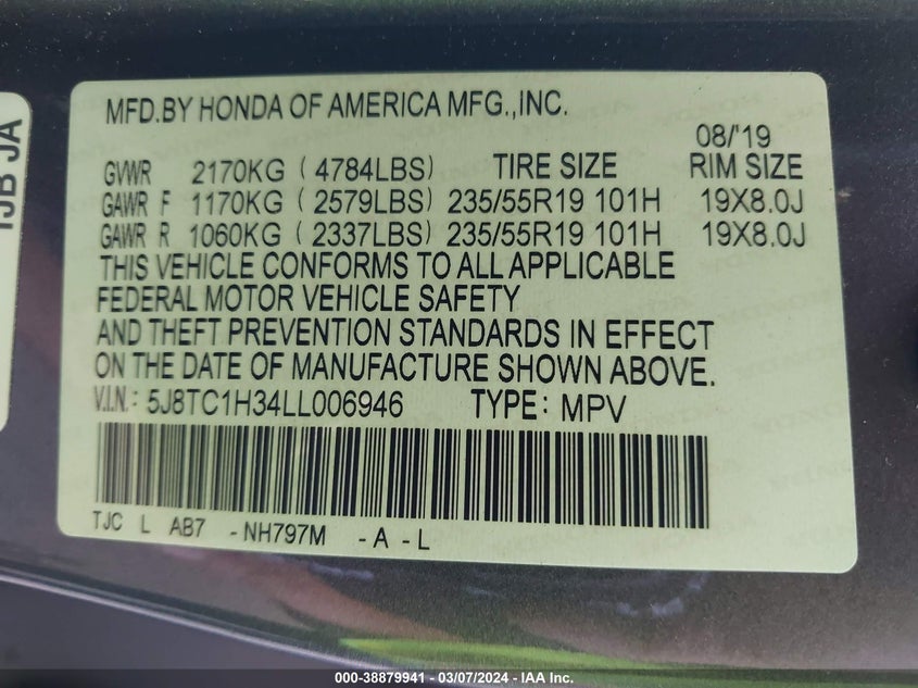VIN 5J8TC1H34LL006946 2020 ACURA RDX