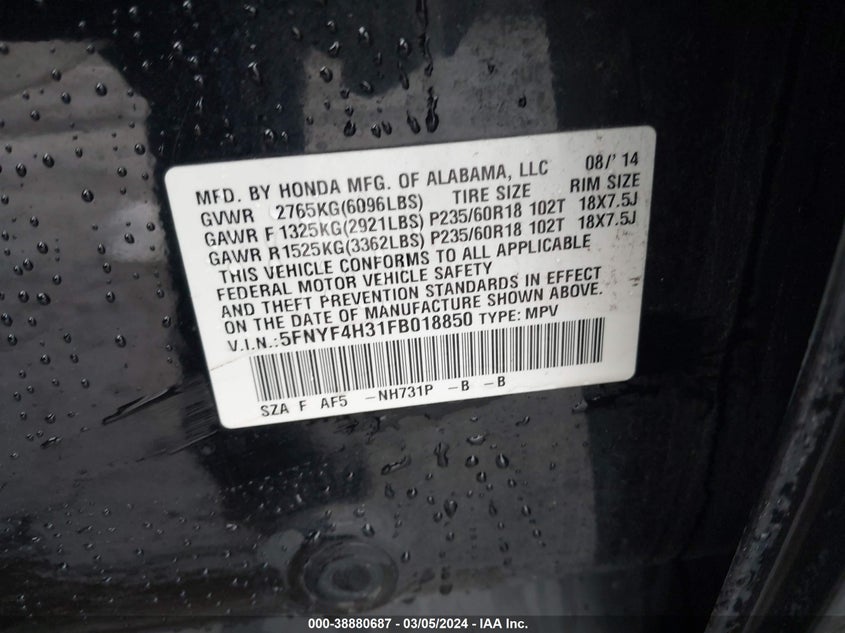 2015 HONDA PILOT SE - 5FNYF4H31FB018850