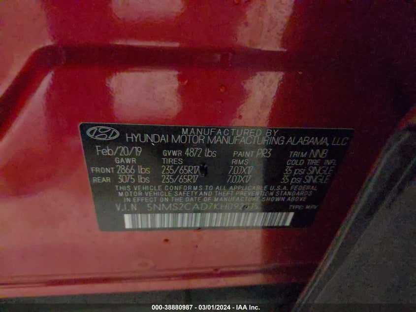 VIN 5NMS2CAD7KH092815 2019 HYUNDAI SANTA FE SE