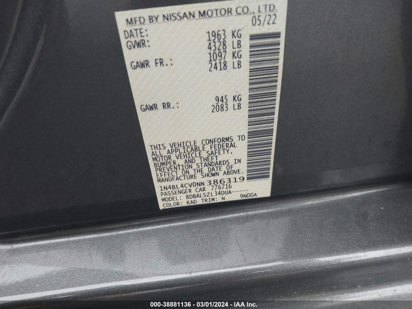 VIN 1N4BL4CV0NN386319 2022 NISSAN ALTIMA SR