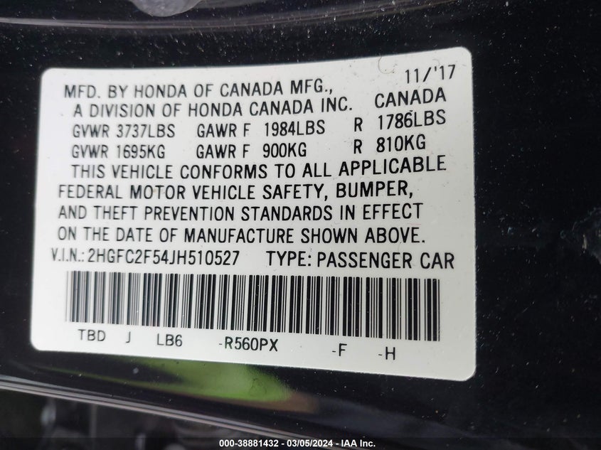 VIN 2HGFC2F54JH510527 2018 HONDA CIVIC LX