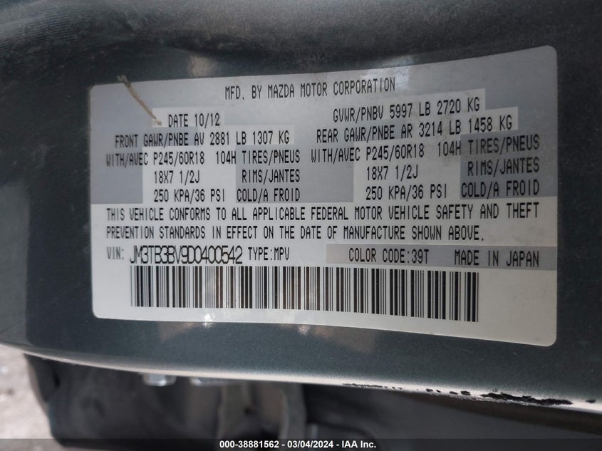 2013 MAZDA CX-9 SPORT - JM3TB3BV9D0400542