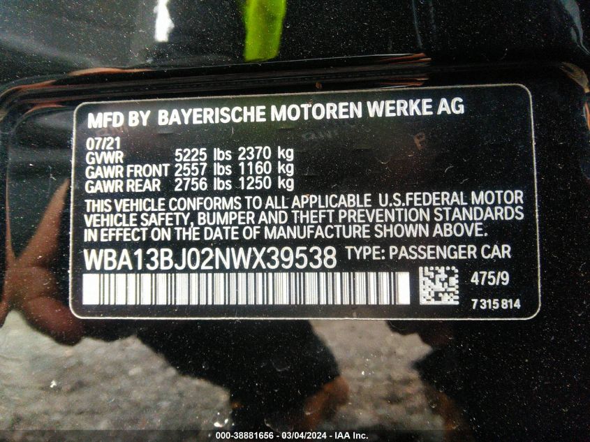 2022 BMW 530 I xDrive VIN: WBA13BJ02NWX39538 Lot: 38881656