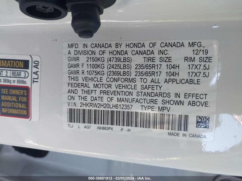 2020 HONDA CR-V VIN: 2HKRW2H20LH612357