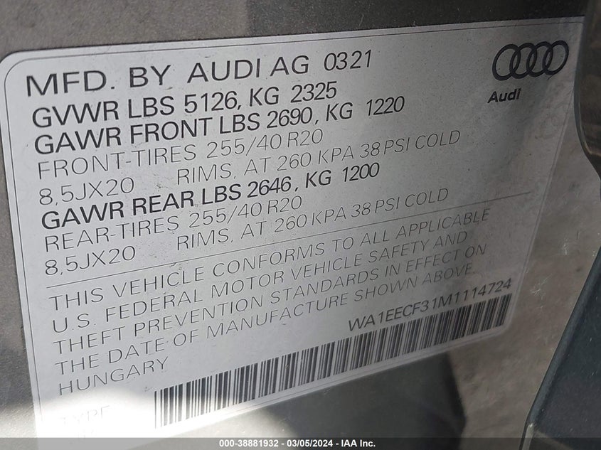 VIN WA1EECF31M1114724 2021 AUDI Q3 PREMIUM PLUS S LINE 45