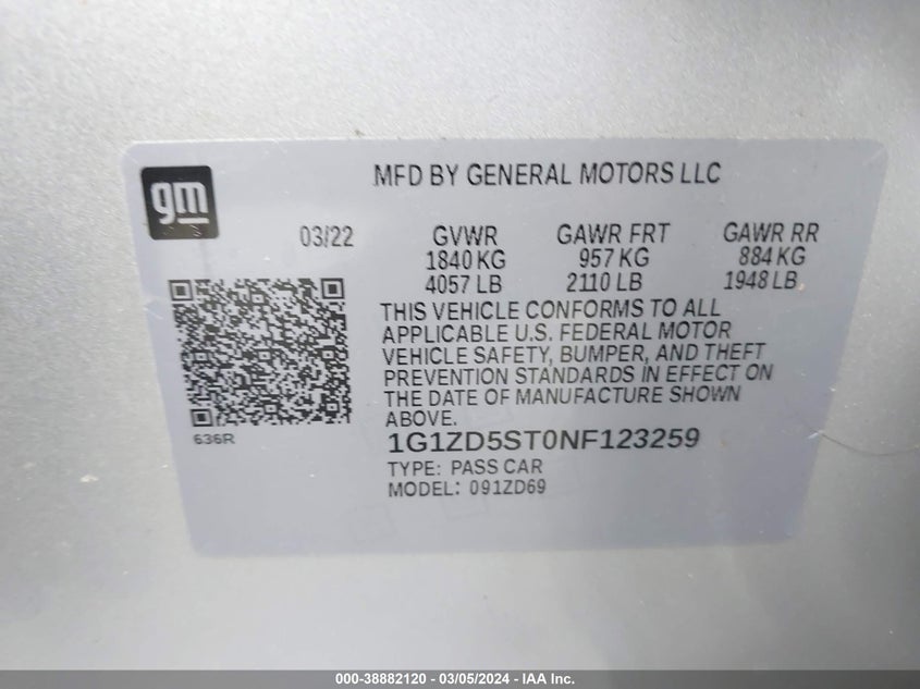 2022 CHEVROLET MALIBU FWD LT - 1G1ZD5ST0NF123259