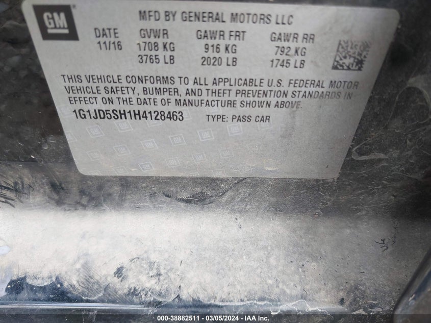 2017 CHEVROLET SONIC LT - 1G1JD5SH1H4128463